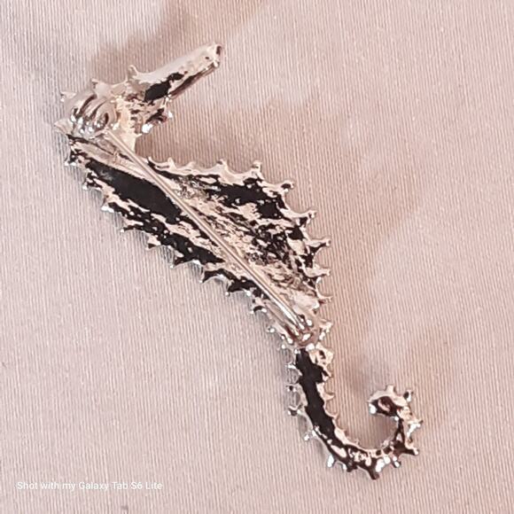 Seahorse Brooch Abalone Stone In Bezel Silver Tone Setting - Picture 5 of 6